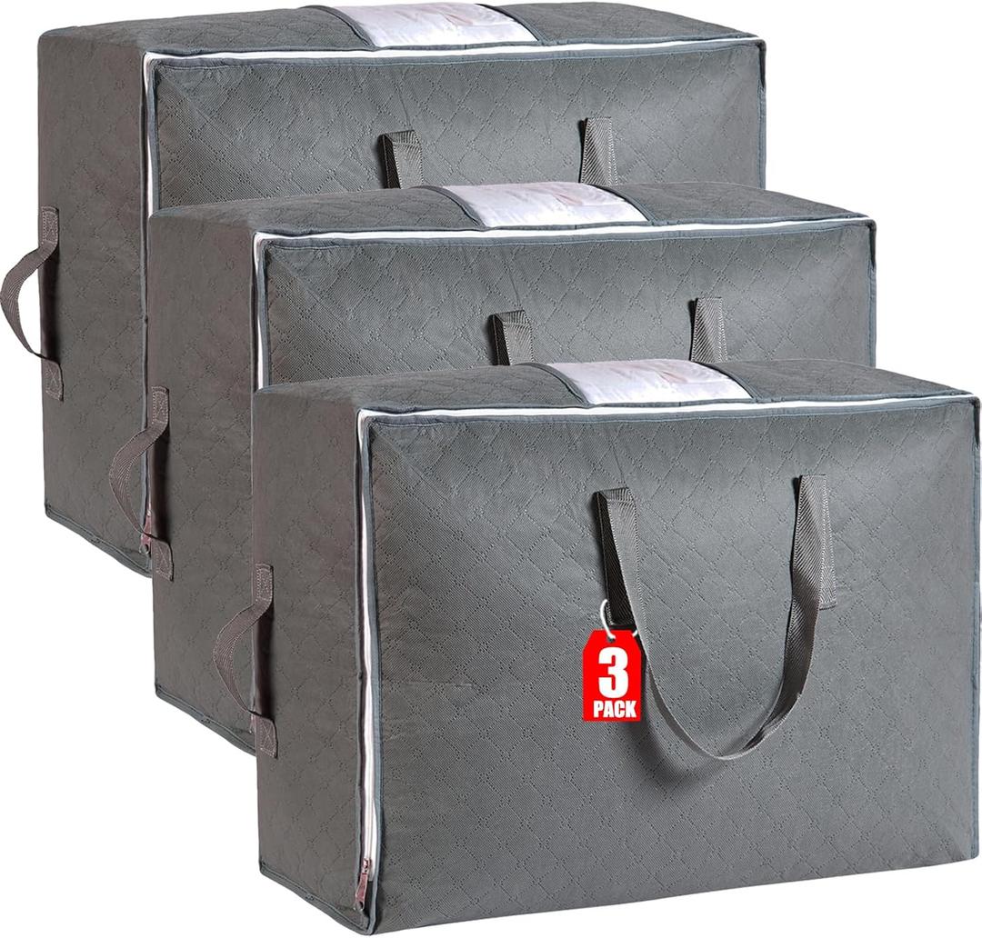 105L Extra Large Storage Bags for Blankets, King Comforters, Bedding, Clothes, Pillows, Sheets - Closet Organizers and Storage with 4 Handles & Clear Window, Foldable & Breathable (Grey, 3pack)
