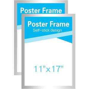 MFoffice 11x17 Frame for Display AD, Sign, Poster, Picture, Made of Durable PVC Plastic and Strong Magnetic, Double Sided and Self Adhesive, Silver, Pack of 2