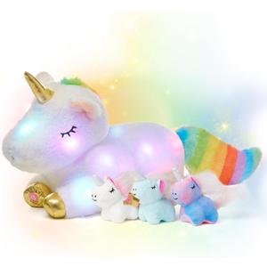 Hopearl LED Plush Unicorn Lighting Up Stuffed Mommy Unicorn with 3 Baby Unicorns in her Tummy Floppy Stuffed Animal Playset Night Lights Glow in The Dark Gifts for Kids Toddler Girls, White, 19''