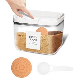 Brown Sugar Container Airtight, Brown Sugar Keeper Storage Container with Spoon and Terracotta Savers for Softening, Stackable One-Touch Opening 1.3Qt(42Oz/1.2L)