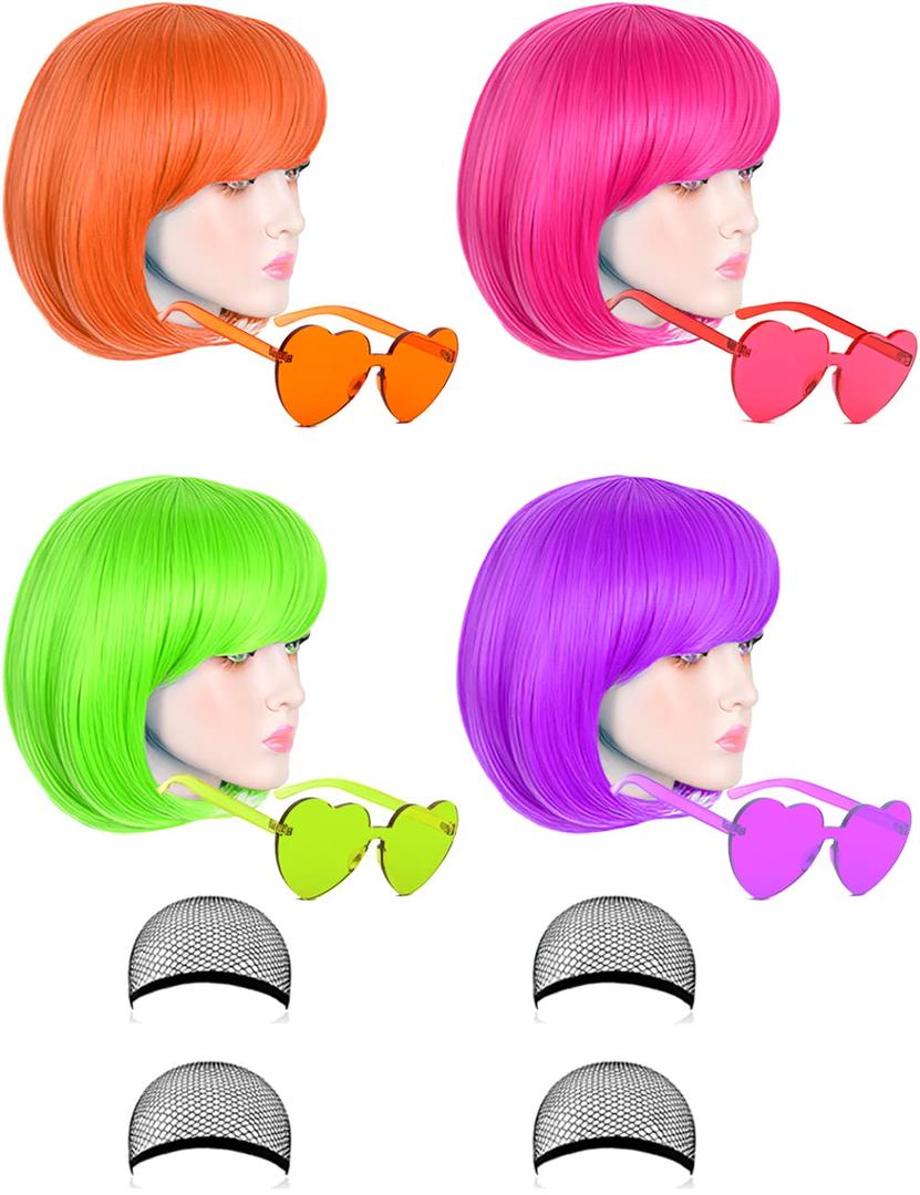 4 Pack Colored Wigs Neon Colorful Wig Short Bob Hair Neon Fun Party Wigs Costume Wig with Heart Sunglasses(Orange, Hot Pink, Green, Purple)