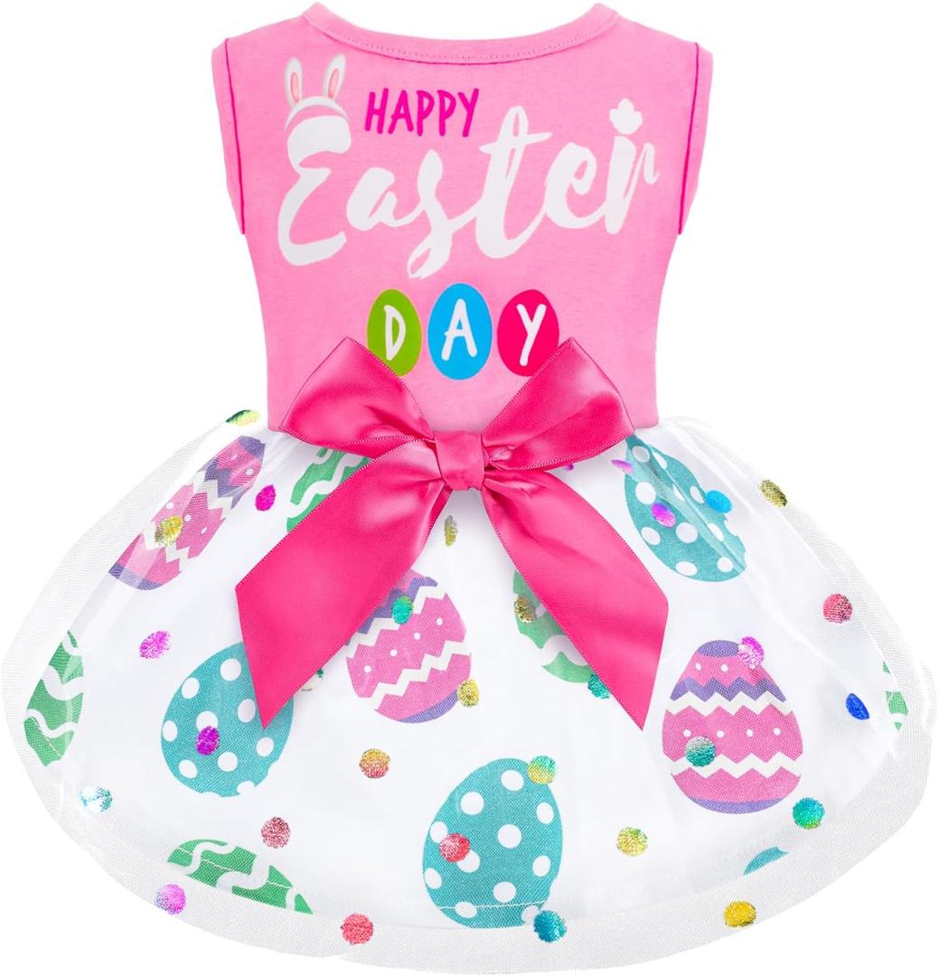 Dog Dress Girl Dog Dresses with Bowknot Tulle Princess Pet Clothes for Small Medium Large Dogs Girls Boys Cats Outfit Apparel (Large, Happy Easter)