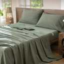 MooMee Bedding Sheet Set 100% Washed Cotton Linen Like Textured Breathable Durable Soft Comfy (Heathered Green, California King)