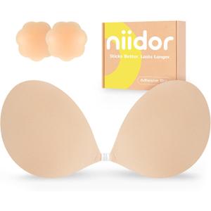 Niidor Adhesive Bra Strapless Ultra Sticky Invisible Push up Silicone Bra Multiple Colors Sizes Reusable for Backless Dress (Nude)
