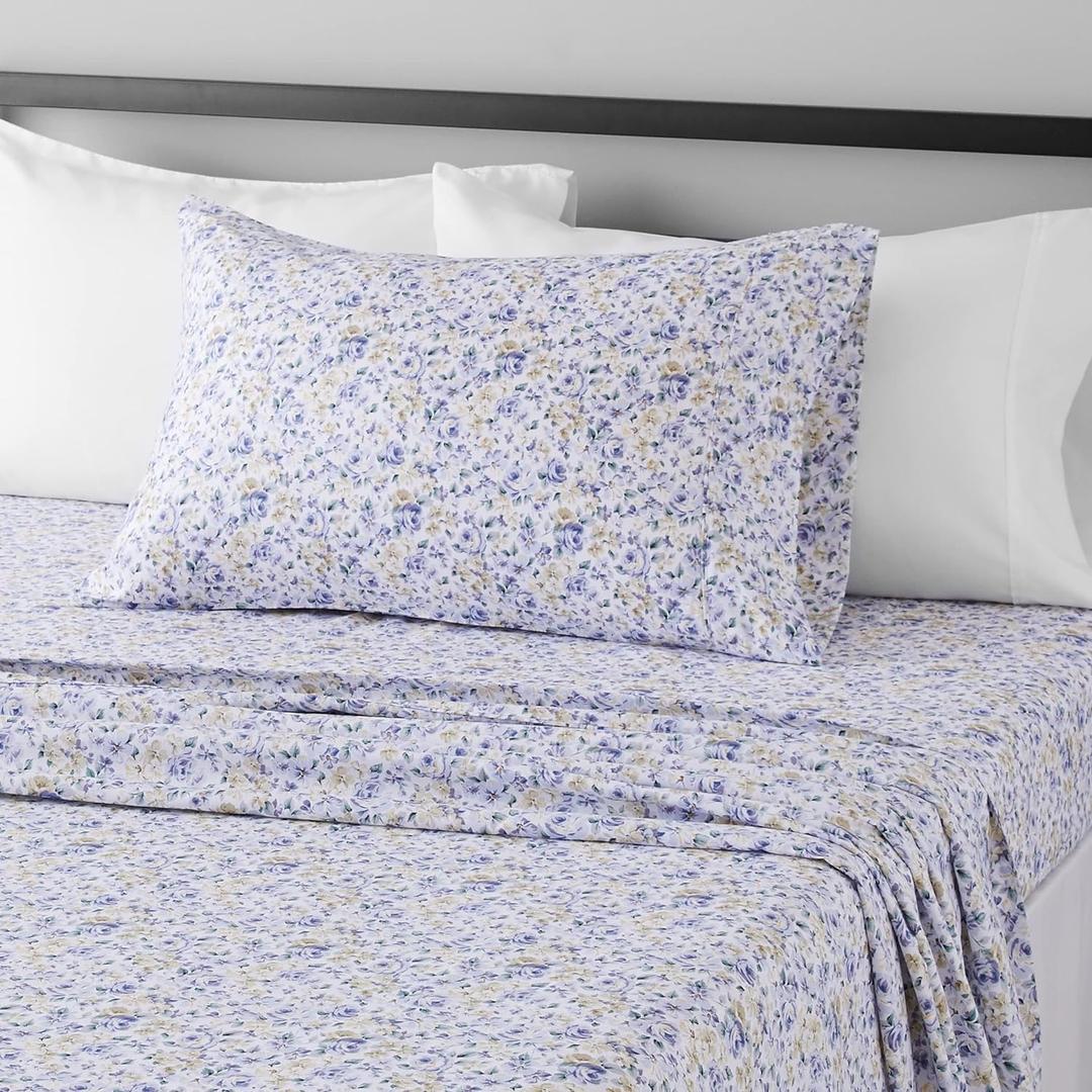 Amazon Basics Lightweight Super Soft Easy Care Wrinkle Free Breathable Brushed Microfiber 3 Piece Bed Sheet Set with 14-Inch Deep Pockets, Twin, Blue Floral, Kids, Men & Women Bedding