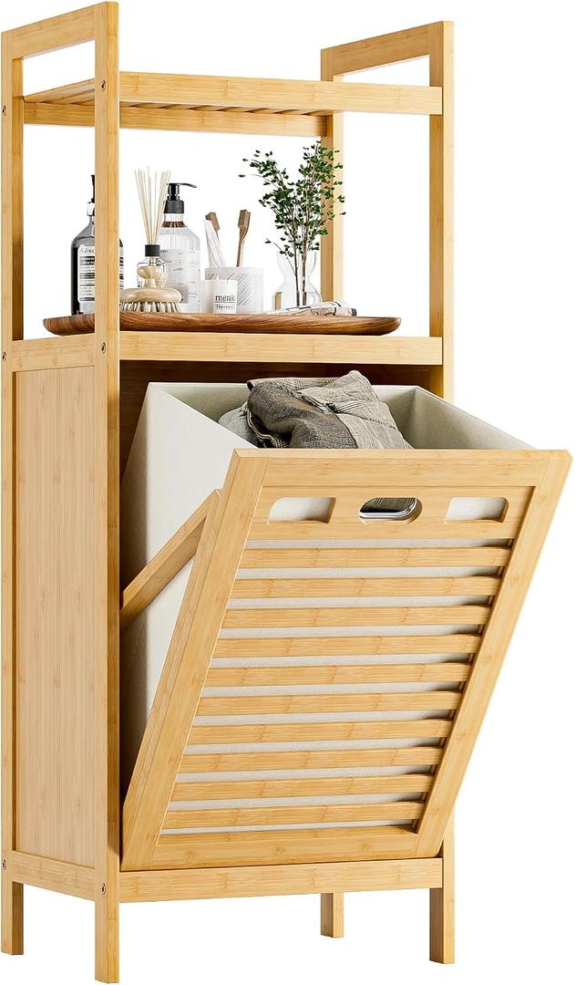 HITNET Tilt Out Laundry Hamper, Bamboo Laundry Basket with Foldable Bag and 2 Open Shelves, Freestanding Clothes Storage Organizer for Bedroom, Bathroom, Living Room, Natural