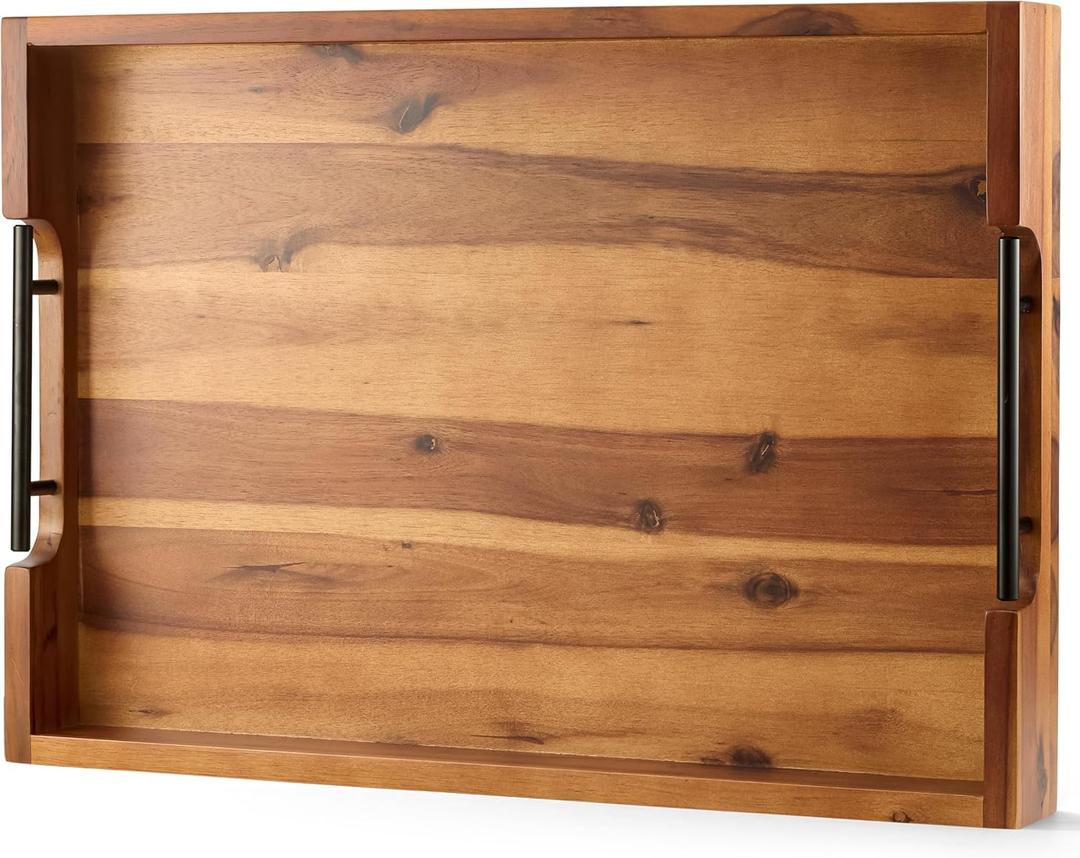TIDITA 20 x 14 Inch Large Ottoman Tray for Living Room Large Wooden Tray for Ottoman , Decorative Serving Tray with Handles, for Coffee Table, Kitchen Counter & Home Decor