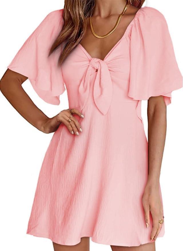 Dokotoo Womens Dresses 2026 Spring Summer Deep V Neck Elegant Cocktail Bow tie Mini Dress (Pink, L)