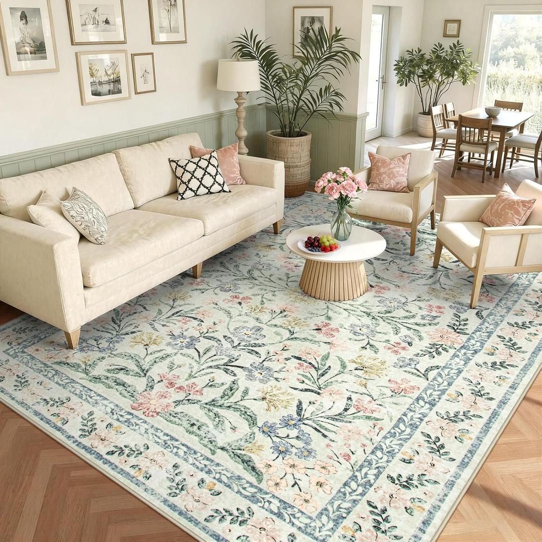 Wonnitar Boho Washable Rug 8x10, Large Area Rug for Living Room, Soft Floral Carpet for Bedroom Non Slip, 8 x 10 Indoor Beige Carpets for Nursery Dining Room Apartment Office Decor