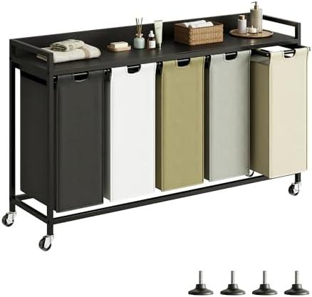 Herture Laundry Hamper with Shelf, Laundry Basket 5 Section, Laundry Sorter with Pull-Out Removable Large 5 Color Bags and Movable Wheels, Metal Frame, 5 x 15.87 Gallons (60L), Black PF08XLK