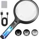 30X 40X Charge Magnifier with Light, NUEYiO 4.33Inch Large Handheld Magnifying Glass with Light, 20 Daylight LEDs & Third Gear Dimming Lighted Magnifying Glass for Seniors Reading Jewelry -Black