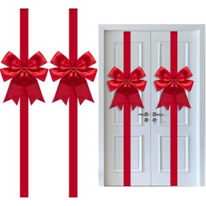 Iceyyyy 2 Pcs 14.2Ft Extra Large Christmas Front Door Warpping Bow, Adjustable Red Christmas Doors Ribbon Bow with Buckle, Giant Christmas Door Wreath Bows for Cabinet Door Home Festival Decor