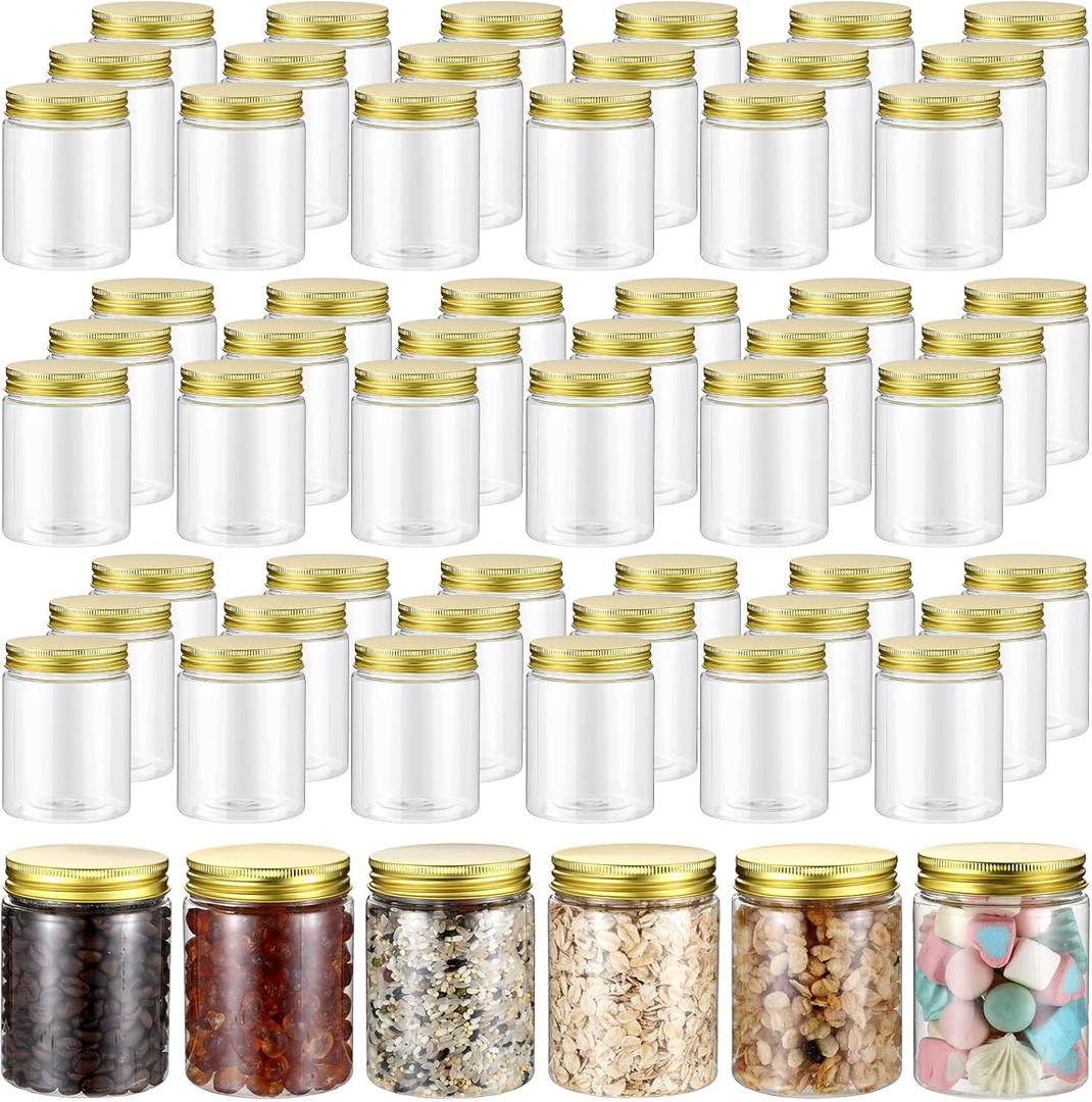 Wesiti 60 Pcs 8 oz Clear Plastic Mason Jars Containers With Screw on Gold Lids Refillable Round Empty Plastic Jars Storage Containers Reusable for Kitchen Household Dry Food Storage Honey Herb Nuts