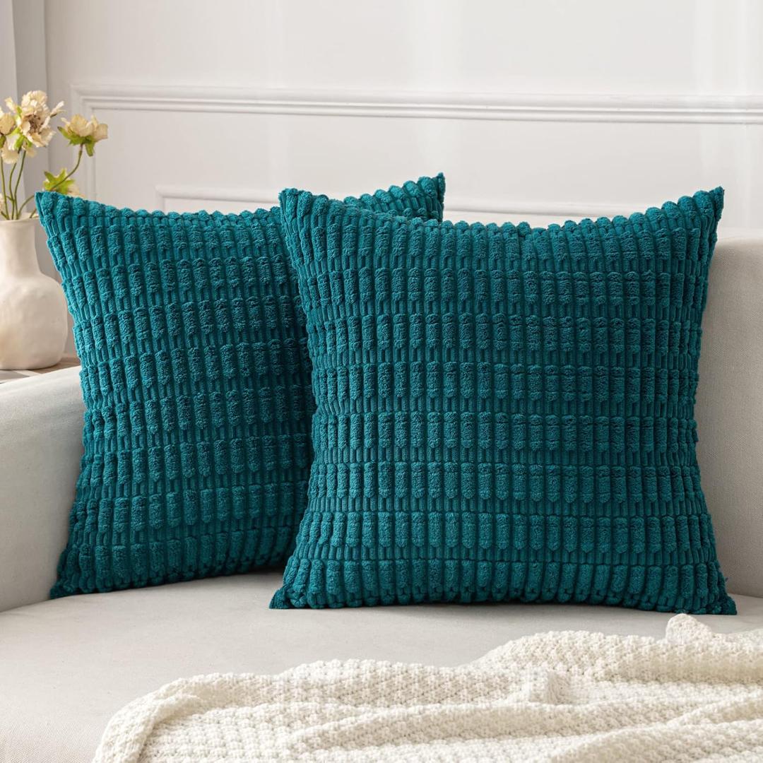 MIULEE Pack of 2 Corduroy Decorative Throw Pillow Covers 18x18 Inch Soft Boho Striped Pillow Covers Modern Farmhouse Home Decor for Sofa Living Room Couch Bed Teal (18" x 18" (Pack of 2))