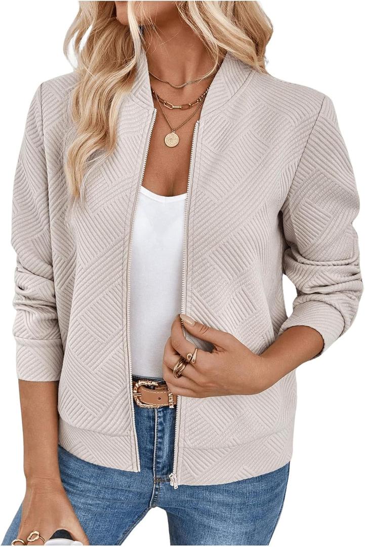 Verdusa Women's Zip Up Bomber Jacket Casual Long Sleeve Textured Lightweight Coat Business Casual Outfits Spring Fall Clothes (Medium, Khaki)