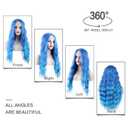 WECAN Long Blue Wig for Women Ombre Blue Wavy Synthetic Wig 28 Inch Water Wave Cosplay Wig Heat Resistant Fiber Wig for Halloween Party