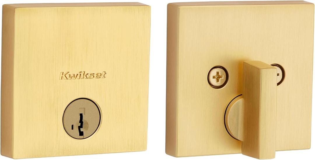 Kwikset Downtown Deadbolt Lock, Satin Brass Square Exterior Keyed Front Entry Door, Pick Resistant SmartKey Rekey Security, Single Cylinder Dead Bolt, with Microban Protection (0.5" x 2.63" x 2.63")