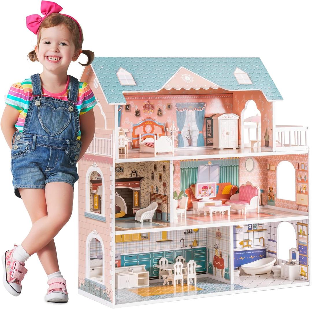 ROBOTIME Doll House Wooden Dollhouse for Kids 3 4 5 6 Years Old, Doll House w/28PCS Furniture Plastic, for 3.3Dolls, Birthday Presents for Toddler 3+ ROBOTIME Doll House Wooden Dollhouse for Kids 3 4 5 6 Years Old, Doll House w/28PCS Furniture Plastic, for 3.3Dolls, Birthday Presents for Toddler 3+