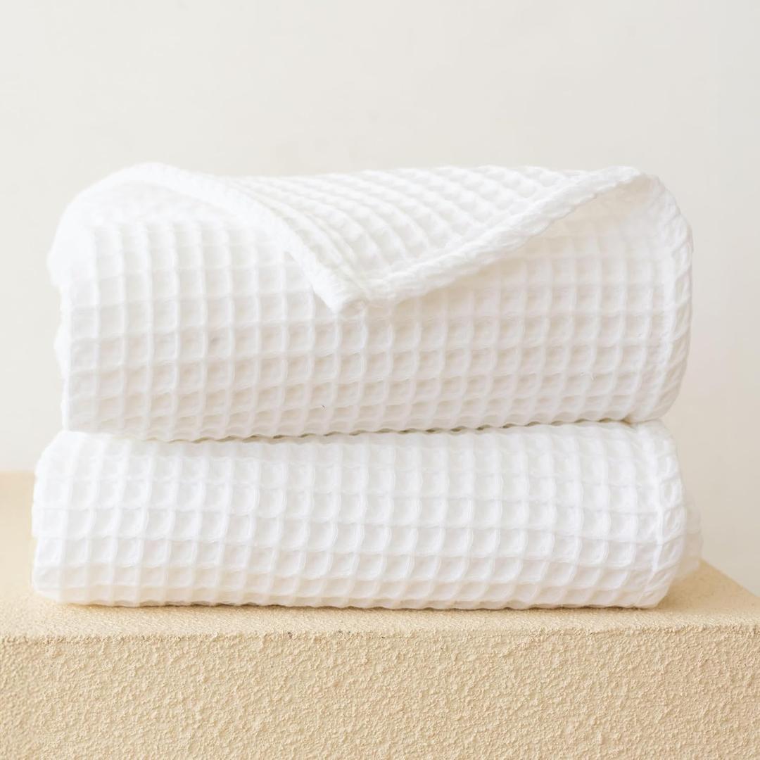 Premium Waffle Bath Towels Pack of 2 Extra Large 35x71 inch - 100% Turkish Cotton, Waffle Weave, Quick Dry, Lint Free, Oversized, Thin Bath Sheet Towel (White, Set of 2 Bath Towels)
