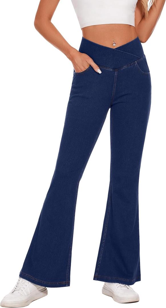 Desol Flare Jeans for Women Strechy Bell Bottom Pull On Jeans High Cross Waisted Tummy Control Bootcut Pants with Pockets (X-Large, Darkblue)