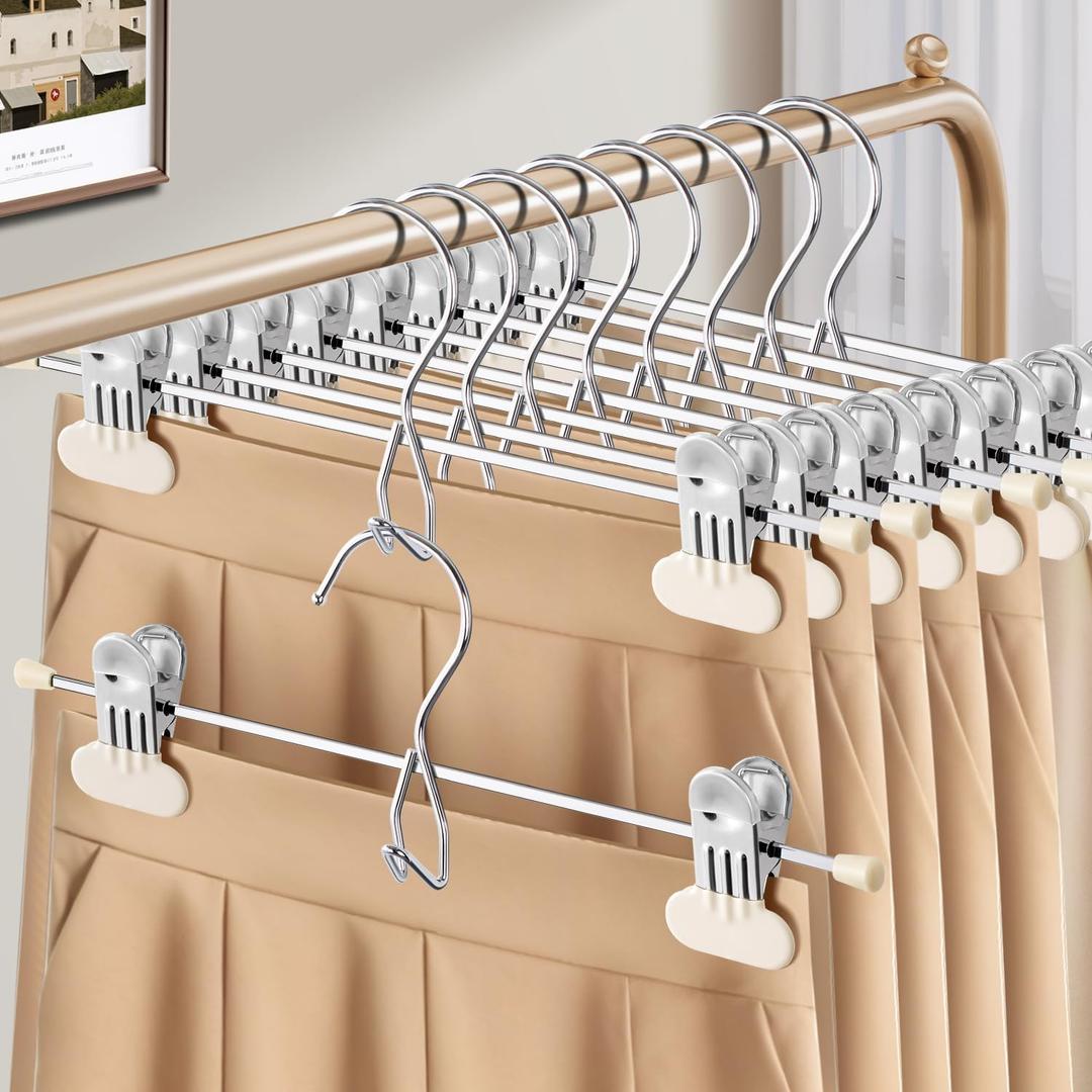 HUADYMEET 14 Inch Space Saving Pant Skirt Hangers with Clips,Beige,20 Pack | Metal,Heavy Duty,Adjustable,Hanger for Pants Jeans Shorts Clothes Slacks Trousers,For Adult Men Women Children,Non Slip