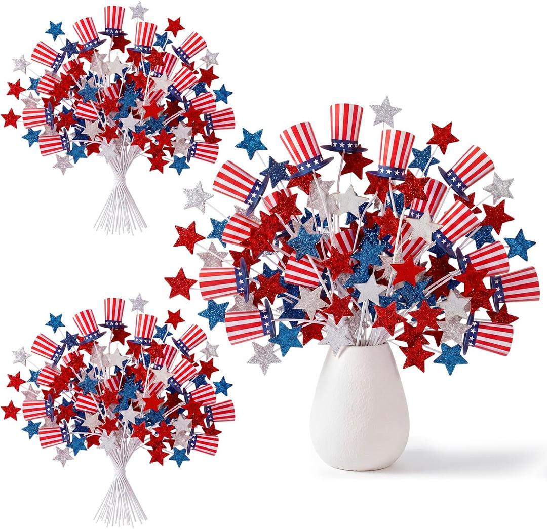 6 Pcs Red White Blue Decorations 4th of July Patriotic Floral​ Pick Artificial 250 Glitter Star Memorial Day American Flag Hat Stem Independence Day Decor for Home Vase Table Centerpiece