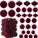 28PCS Velvet Christmas Balls Ornaments, Flocked Shatterproof Burgundy Xmas Tree Hanging Decoration Plastic Ball Set Bulk Ornament for Winter Trees Holiday Party Home Wreath Decor