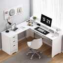 White L Shaped Desk with 3 Drawers, 60 inch Corner Desk with Moveable Hutch and Power Outlet, Large Home Office Corner Computer Desk with Storage File Cabinet