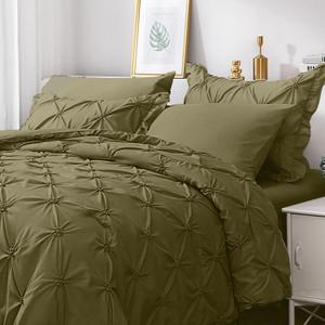 JOLLYVOGUE Olive Green Queen Size Comforter Sets 7 Pieces, Pintuck Bed in a Bag Comforter Set for Bedroom, Bedding Comforter Sets with Comforter, Sheets, Ruffled Shams & Pillowcases (Queen(88"x 88"))