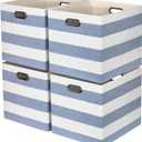 13x15x13 Storage Cube Bins, Foldable Storage Cubes, Fabric Organizer Basket Bin, Striped Containers Decorative Storage Boxes for Shelves Wardrobe Closet Home Office, 4 Pack, Blue/White