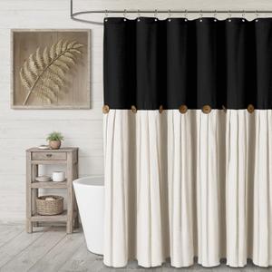 Farmhouse Shower Curtain Linen Button Woven Fabric Country Rustic Western, Black & Cream 72" W x 72" L