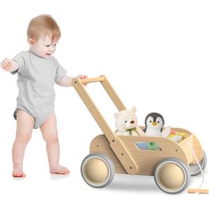 Wooden Baby Walker, Push and Pull Learning Walking Toys for Babies Infants to Toddler, Walker with Wheels for Boys Girls, Gift for Birthday Christmas, Natural
