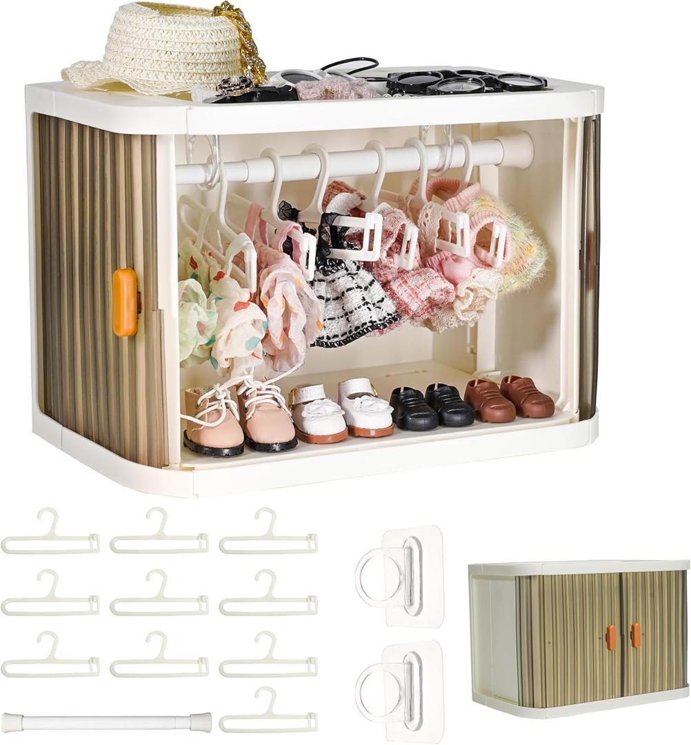 KBBYT Foldable Doll Wardrobe Compatible with Labubu Clothes, Doll Clothes Closet with 10 Clothing Rack & 1 Rod, Furniture Accessories for Storing 15/ 17cm Small Outfits with Cover & Display Shelf
