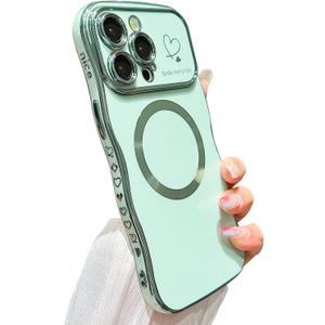 for iPhone 13 Pro Case Magnetic,for Women Girls Soft Cute Wave Frame Curly Shape Love Heart Luxury Plating Phone Case Compatible with MagSafe Shockproof Back Cover 6.1"-Green