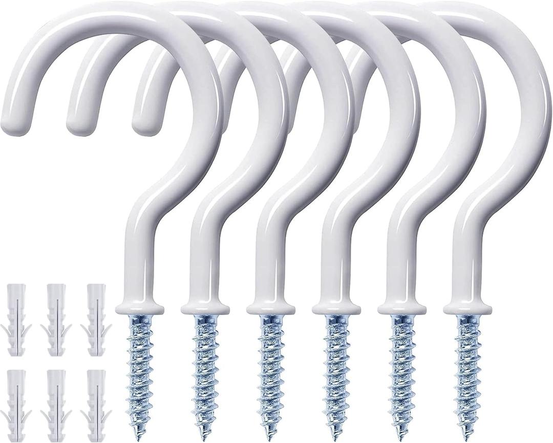 12 Pcs Ceiling Hooks for Hanging Plants, Cups, Utensils and Christmas String Lights, 1-1/4 inch Vinyl Coated Screw-in Plant and Cup Hooks for Wooden and Drywall with Anchors - White