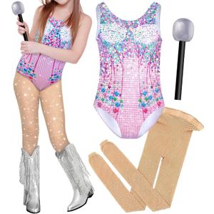 Kids Halloween Costume  Girls Bodysuit Outfit with Toy Microphone & Stockings, Concert Tour Cosplay for Ages 5-12