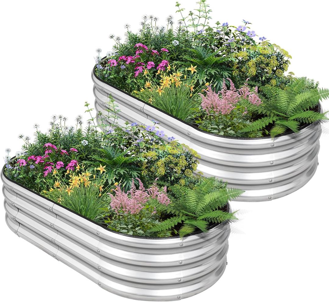 Galvanized Raised Garden Bed - 421ft (2 Packs) Planter Raised Beds for Gardening | Oval Metal Garden Planter Box with Safety Edging and Gloves for Vegetables Fruits and Flower - Silver