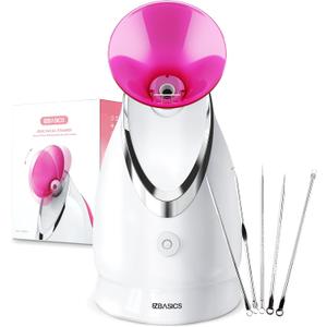 EZBASICS Facial Steamer Ionic Face Steamer for Home Facial, Warm Mist Humidifier Atomizer for Face Sauna Spa Sinuses Moisturizing, Unclogs Pores, 1 Pack + 5 Stainless Steel Skin Kit Pink