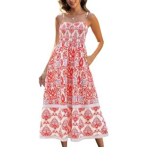 Gardenwed Women's Floral Print Maxi Dress, Spaghetti Strap Smocked Bodice A-Line Sundress with Pockets Size M