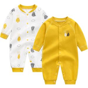 Newborn Baby Boys 2 Pack Cotton Romper Outfits Infant Long Sleeve One-Piece Toddler Button Jumpsuits, 3-6months