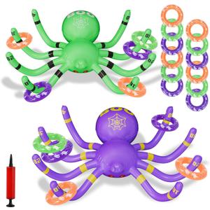 Halloween Spider Ring Toss Game, 2 Pack Inflatable Green and Purple Spiders with Rings and Pump, Fun Halloween Party Games for Kids Outdoor Trick or Treat Toys Carnival Decorations Party Favors