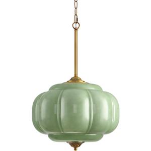 Green Glass Pendant Light, 15in Large Schoolhouse Light Fixture, LED Bulb Included, Vintage Art Deco Chandelier for Kitchen Island Dining Room Bedroom Hallway, Green & Antique Gold 1 Pack