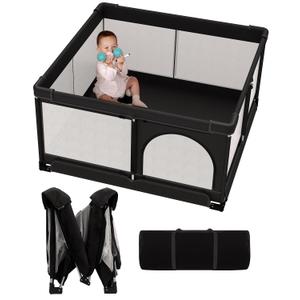 Patywaga Foldable Baby Playpen, Extra Large Collapsible Play Yard for Babies & Toddlers, Portable Travel Playpen with Gate, Safe Indoor & Outdoor Activity Center (51"x51" Black)