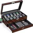 BEWISHOME High-End Watch Box, 12-Slot Watch Case with Large Glass Lid, 2-Layer Wooden Watch Box for Men, Watch Organizer Watch Storage Holder for Men Brown SSH02Y