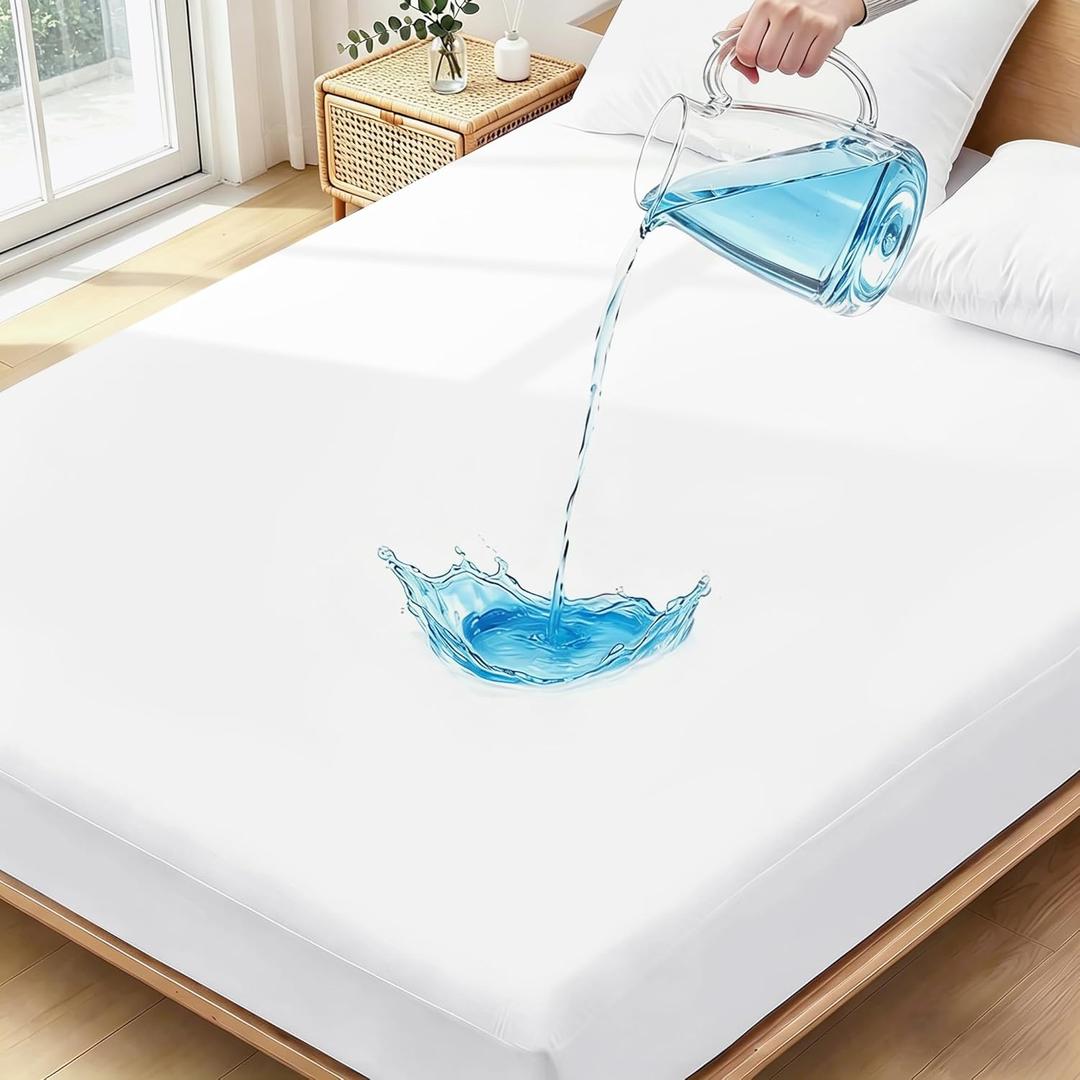 Queen Mattress Protector Waterproof- Washable Mattress Cover Queen Size Fitted Bed Pad Noiseless Plastic Protection Up to 18 Mattress Protector Soft&BreathableWhite