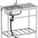 Free Standing Utility Sink, Outdoor Stainless Steel Laundry Tub, Portable Single Bowl Washing Hand Basin Station with Workbench, Fish Cleaning Table &Storage Shelves for Garage, Kitchen,Camping, 29.5*15.7*31.4in