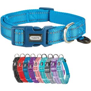 Reflective Nylon Padded Dog Collar Adjustable Soft Pet Collars with Quick Release Buckle for  Dogs (Blue, 10-15 inch)