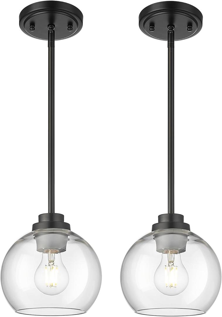 Pendant Lights Kitchen Island 2 Pack, 7" Modern Black Hanging Lights Fixtures with Clear Glass Globe Shade, Kitchen Island Lighting for Bathroom, AD-22280-1P2-BK-C