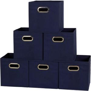 Household Essentials Fabric Storage Bins 6 Piece Set, Strong Poly-Woven Fabric, Sturdy Chipboard Sides, Grommet Front Handle, Stackable and Foldable, Classic Design, Navy