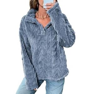 BLENCOT Womens Casual Half Button Down Collar Fleece Pullover Fuzzy Sweatshirt Jacket Pockets Trendy Warm Sherpa Sweater Long Sleeve Tops Coat Blue XL